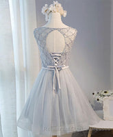 Gray Tulle Beads Short Semi Formal Prom Dress, Gray Homecoming Dress